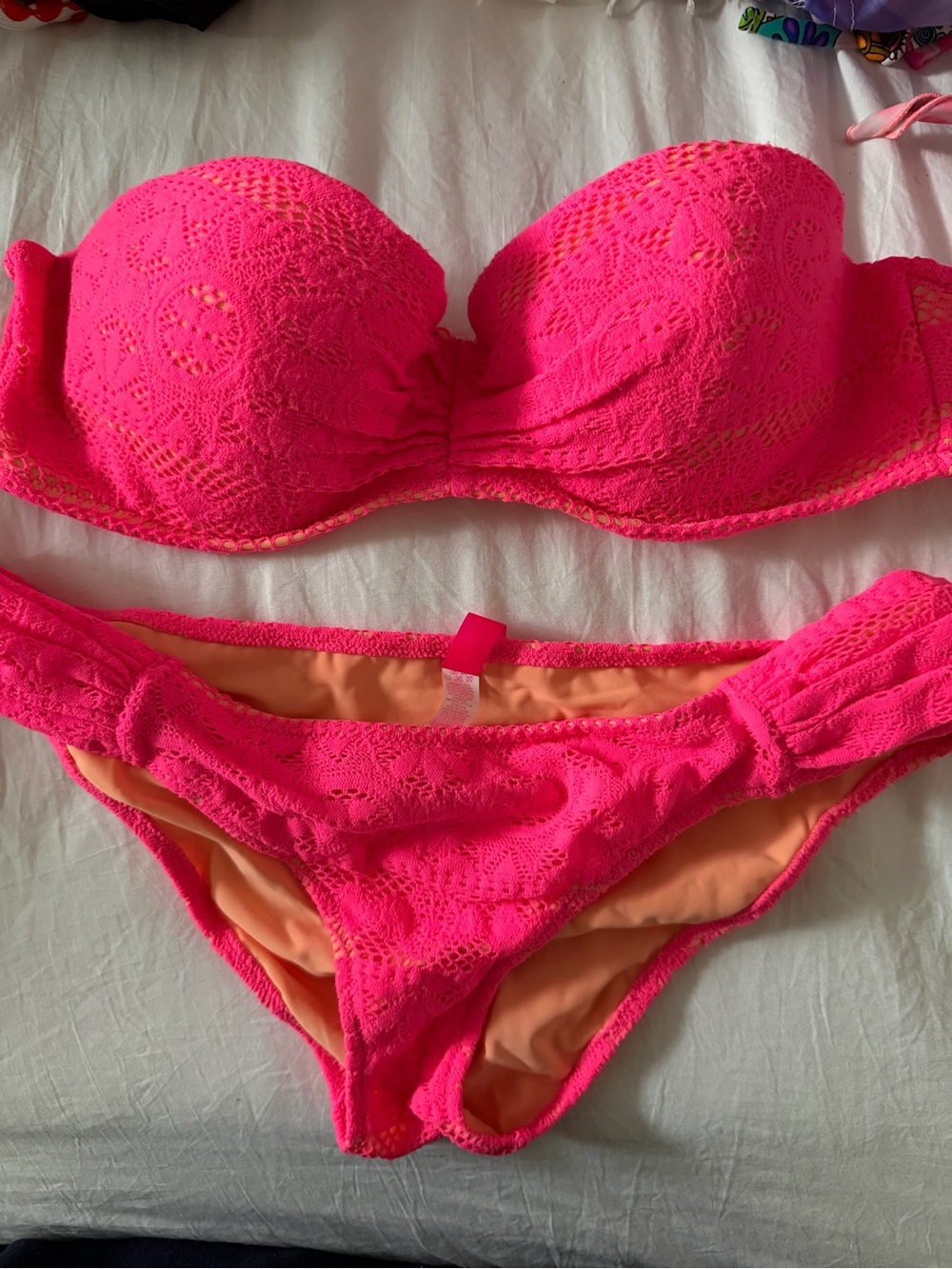Victoria Secret Neon Pink Crochet Bikini Set